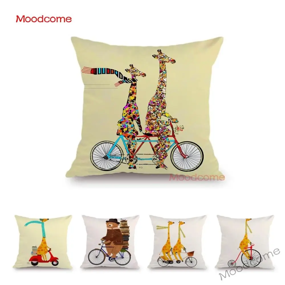 Lovely Cartoon Giraffe Bear Woodland Animals Infant Room Dec. Cute Animals Bicycles Soft Velvet Pillowcase Line Cushion Cover