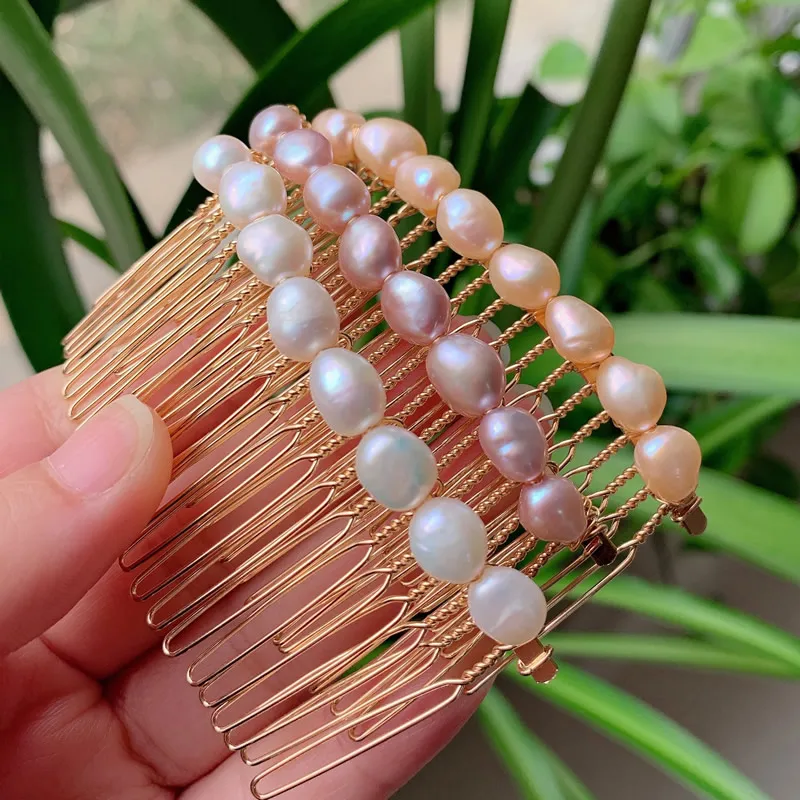 Elegante joyería para el cabello de perlas naturales de agua dulce, accesorios para el cabello nupciales de boda, peines de perlas barrocas de color blanco púrpura, Clip francés