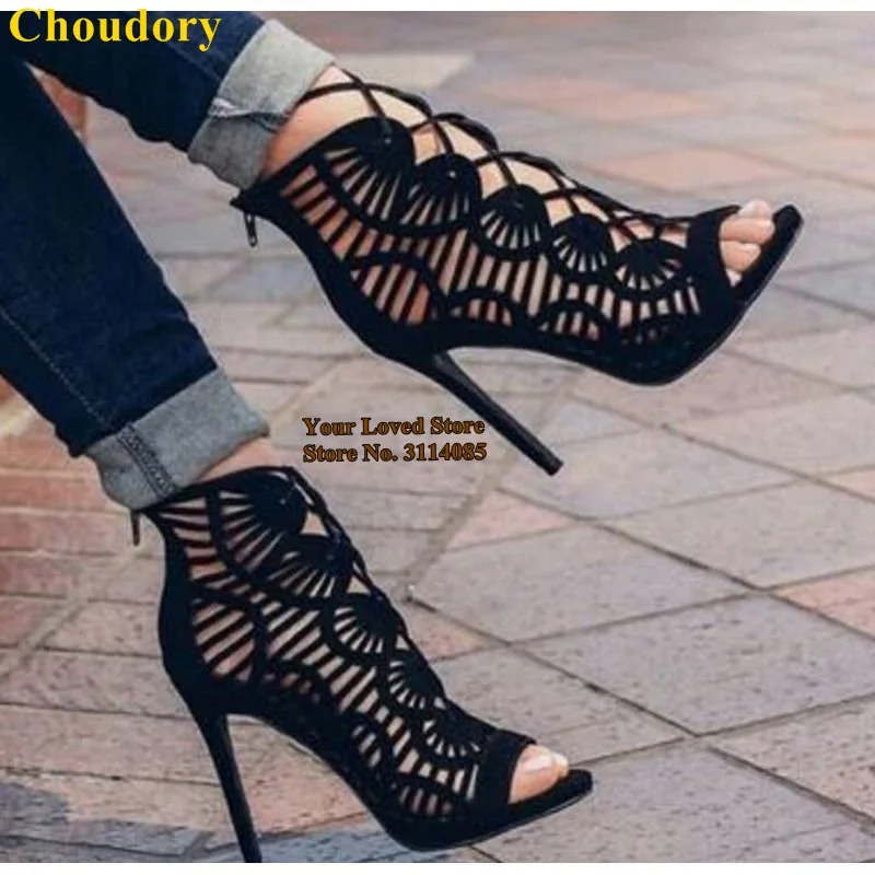 

Choudory Women Black Blue Suede Caged Ankle Boots Lace-up Cross Strappy High Heel Pumps Net Stylish Short Booties Dress Shoes