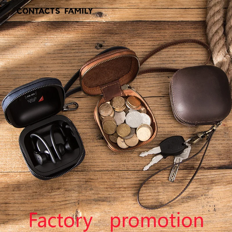 Genuine Leather Coin Purse Vintage Crazy Horse Leather Wrist Zipper Creative Coin Bag Multi-Function Headphone Storage Box