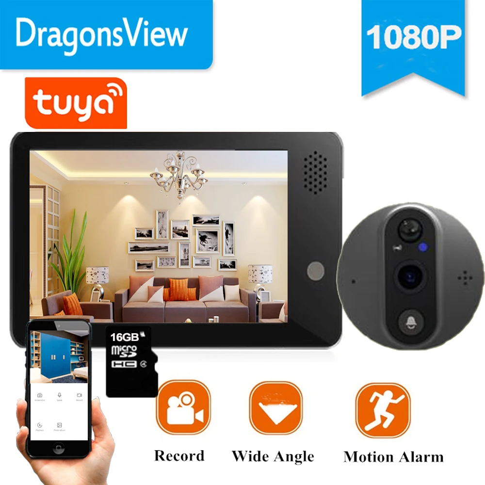 New Tuya Smart Wifi Video Doorbell Peephole 1080P Wireless Door Viewer Camera Intercom 4.3 inch Screen Motion Record