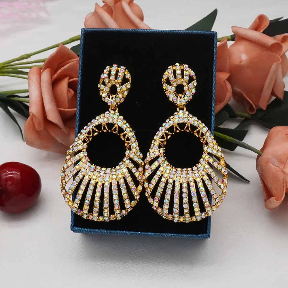 2021 Luxury Rhinestone Earrings For Women Big Hollow Round Crystal Simple  Statement Wedding Earring Jewelry Party