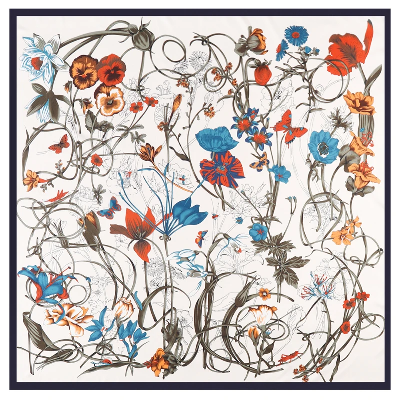 Bufanda cuadrada grande de sarga de seda para mujer, chal de diseño Floral de marca de lujo, 130cm, a la moda