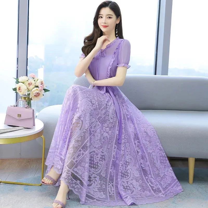 2022 New Women Summer Dress New High-waist Lace Chiffon Splicing Dress Female Dress Ladies Dresses Vestidos Casual Dresses 1094