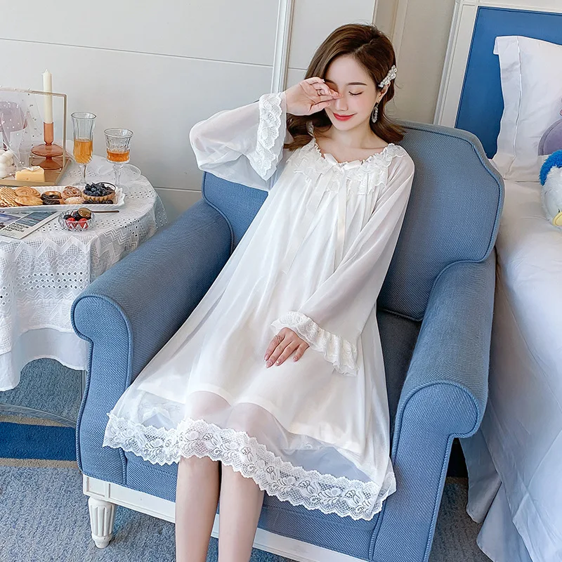 Sexy Chest Pad Women Autumn Long-Sleeved Nightgowns Pure Cotton Palace Princess Lace Nightdress Ladies Nightshirt Long Dress