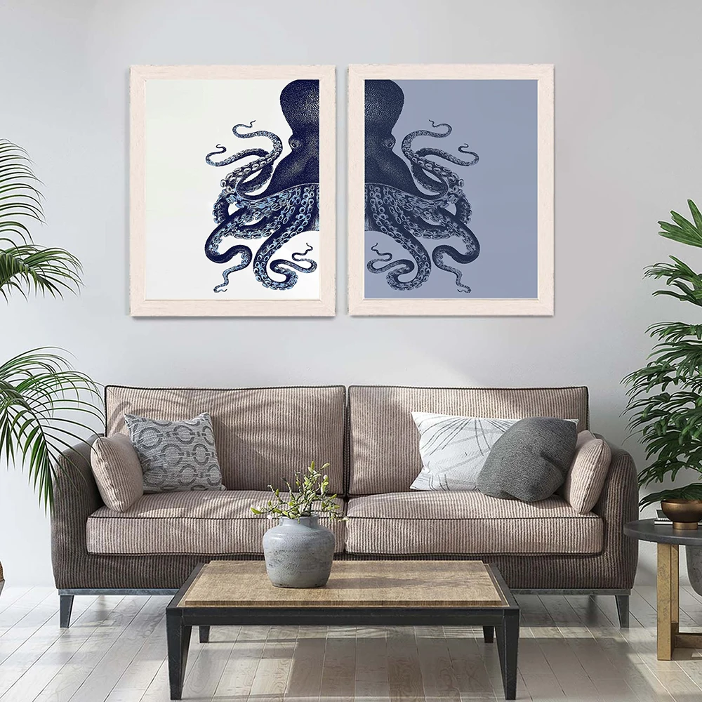 Octopus art Nautical Print Beach Decor Vintage Poster Prints INDIGO Blue And Cream Wall Picture Bathroom Canvas Painting Home