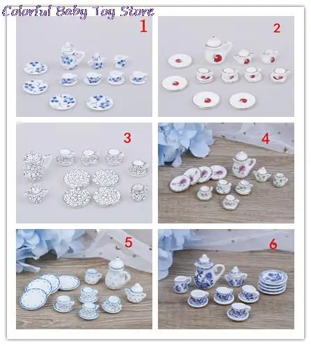 New 15Pcs 1/12 Doll House Miniature Kitchen Flower Patten Porcelain Coffee Tea Cups Ceramic Tableware Accessories