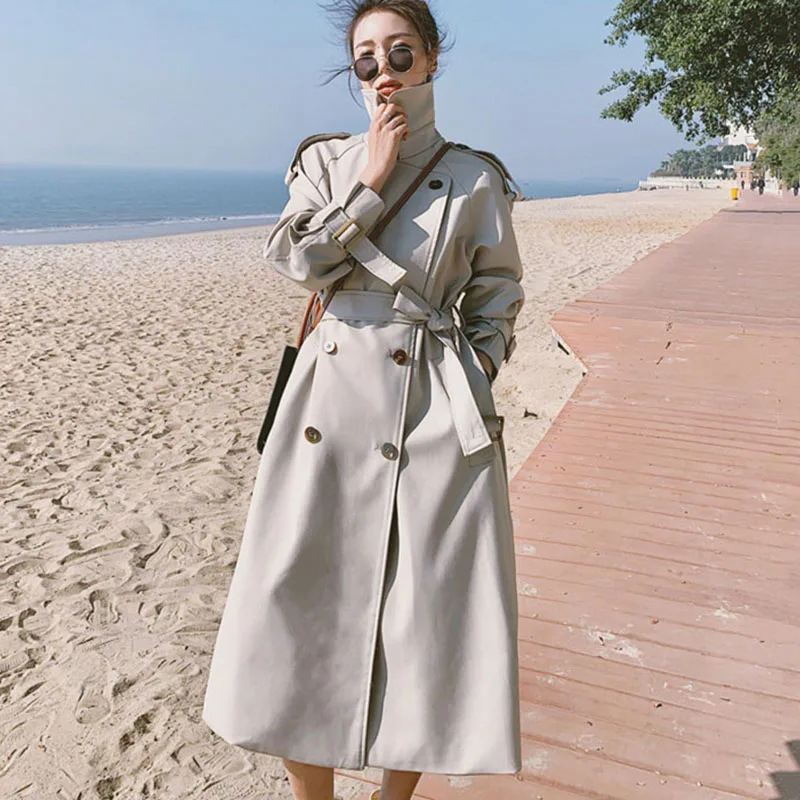 

Brand New Spring Autumn Long Women Trench Coat Double Breasted Belted Storm Flaps Khaki Dress Loose Coat Lady Outerwear Fashion