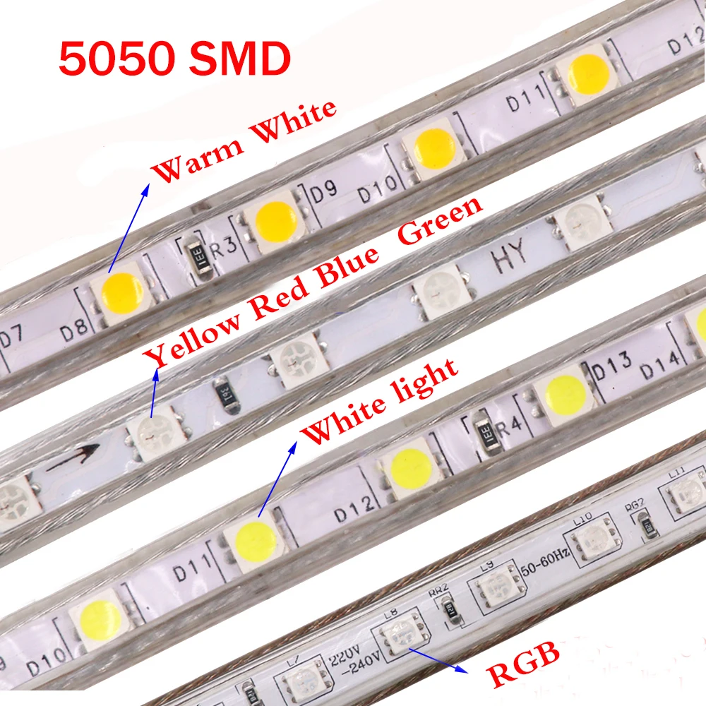 Tira de luces LED Flexible de 220V, cinta impermeable SMD 5050 de 60leds/m, 1m, 5m, 10m, 15m, 20m, 100m, color blanco cálido/Blanco/RGB con enchufe