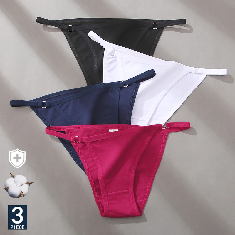 FINETOO 3PC/Set Women\'s Cotton Panties Underwear Metal Buckle Briefs M-2XL Female Underpant Low Waist Woman Sexy Panty Lingerie