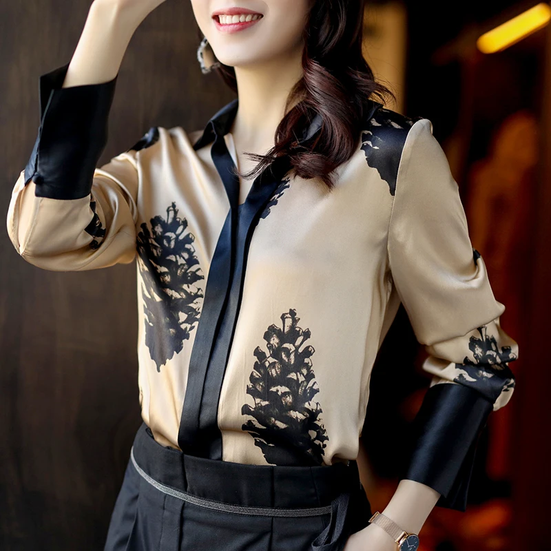 Women's Satin heavy weight silk shirt women's autumn 2020 long sleeve temperament fashion printed top mulberry silk shirt