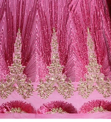 LASUI 1 yard NEW Rose red + gold 3D sequin embroidery mesh lace fabric DIY for fishtail skirts, dress dance clothes  X0622