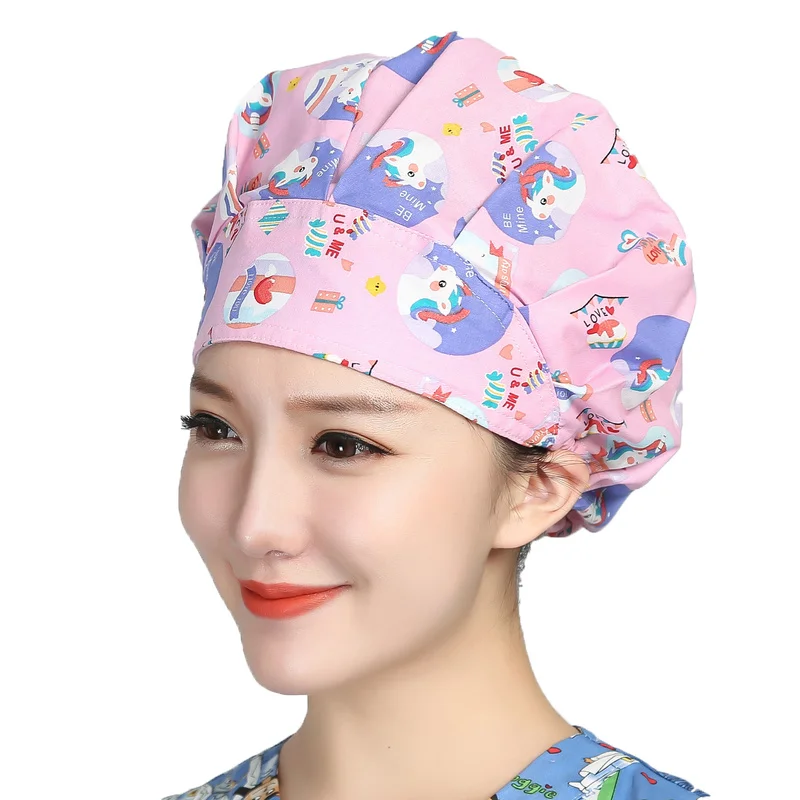 Bouffant Scrubs Hats Cartoon Printed Cotton Printed Sweatband Caps Washable Adjustable Work Wear Beauty Salon Working Caps