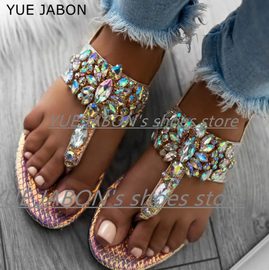 2024 woman sandals women Rhinestones Flat Sandals Thong Crystal Flip Flops sandals gladiator sandals Beach Casual Ladies Shoes