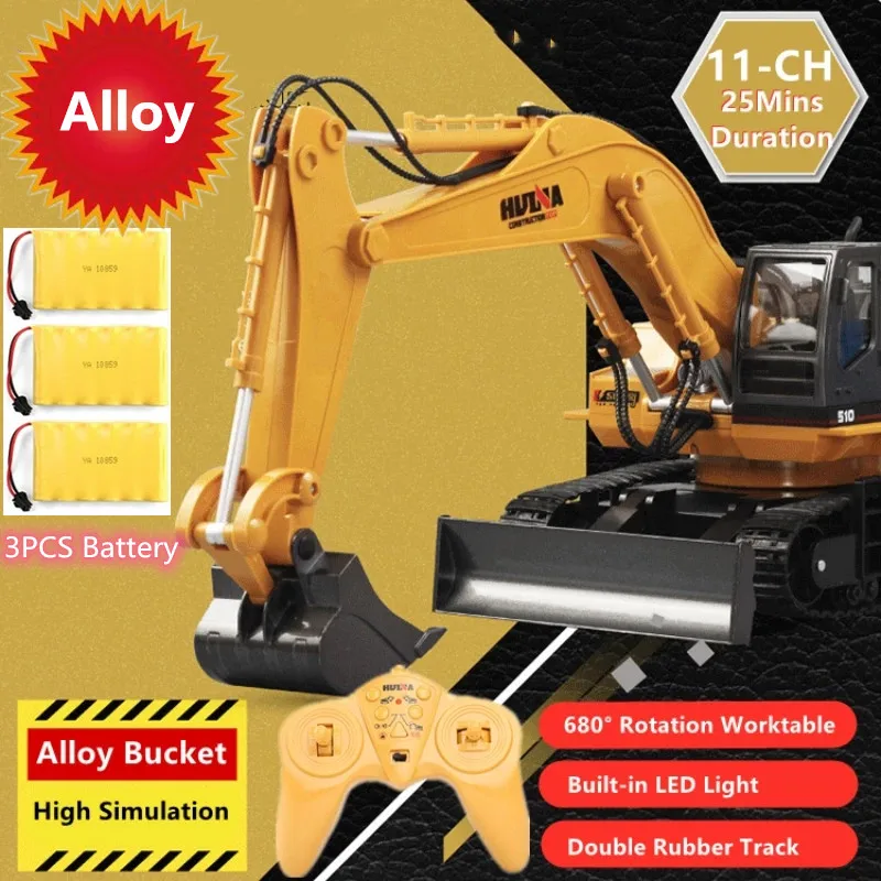 2.4G 11CH Bulldozer Remote Control Excavator Alloy All Round Driving Music Lights 680 Degree Rotation RC Truck Adults Gift Toys