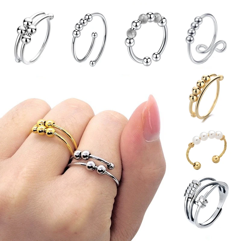 Fashion Anxiety Ring Runner Fidget Spiral Rotate Freely Beads Adjustable Size Anti Stress Relief Jewelry Rings For Women Girls