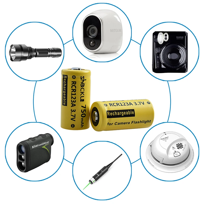 Shockli RCR 123 16340 750mAh 3.7V Li-ion Rechargeable Battery Lithium Batteries for  Arlo HD Camera , flashlights, laser pen