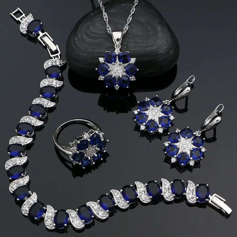 

925 Sterling Silver Jewelry Sets Blue Stones White Cubic Zirconia for Women Wedding Earrings Pendant Ring Bracelet Necklace Kit