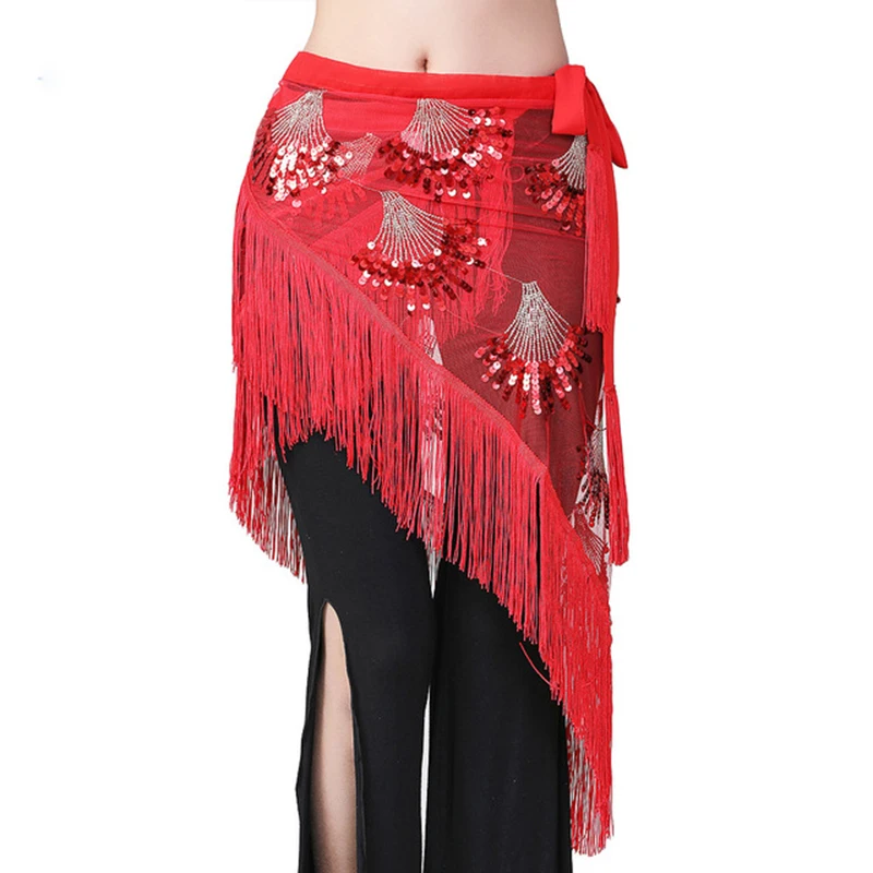 Class Wear Belly Dance Clothes Black Mesh Base Long Fringes Triangle Sequins Belt Bellydannce Hip Scarf for Gilrs