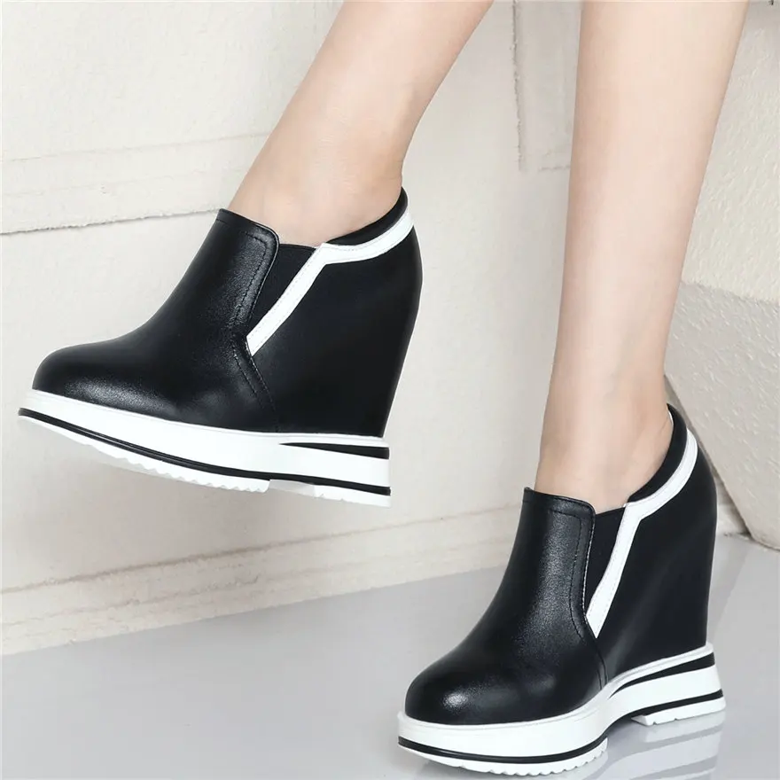 

2025 Fashion Sneakers Women Slip On Genuine Leather Wedges High Heel Ankle Boots Female Round Toe Platform Pumps Casual Shoes