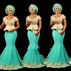 Green With Gold Mermaid African Peplum Long Gowns Beaded Pearls Nigeria Formal Evening Party Dresses Plus Size 2025