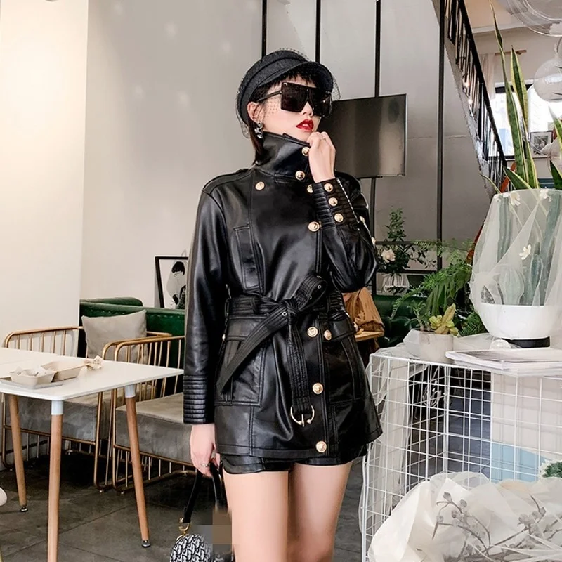 Medium Womens Length Slim Genuine Leather Windbrear Moto Biker Adjustable Waist Sheepskin Outwear Coats Plus Size Chaqueta Mujer