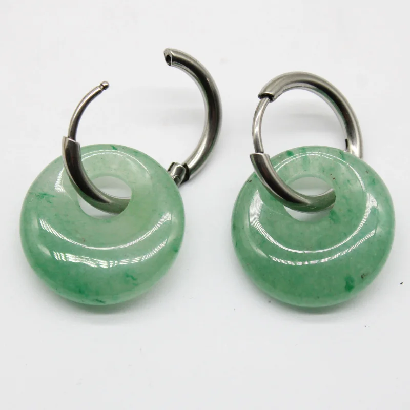 New Natural Stone Quartz Agates Aventurine Jewelry Pendant Earrings Stainless Steel Round Hoop Earrings for Women Office Gift