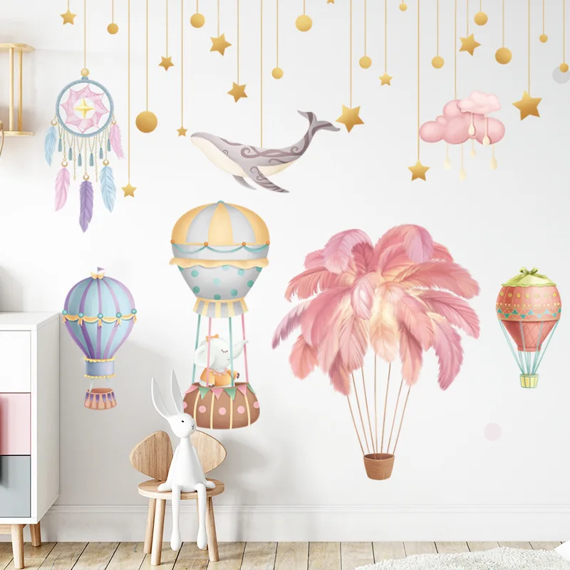 Cartoon Big Ins Hot Air Balloon Feather Pink Wall Stickers for Kids Room Decoration Stickers Nursey Wall Painting Art Murals