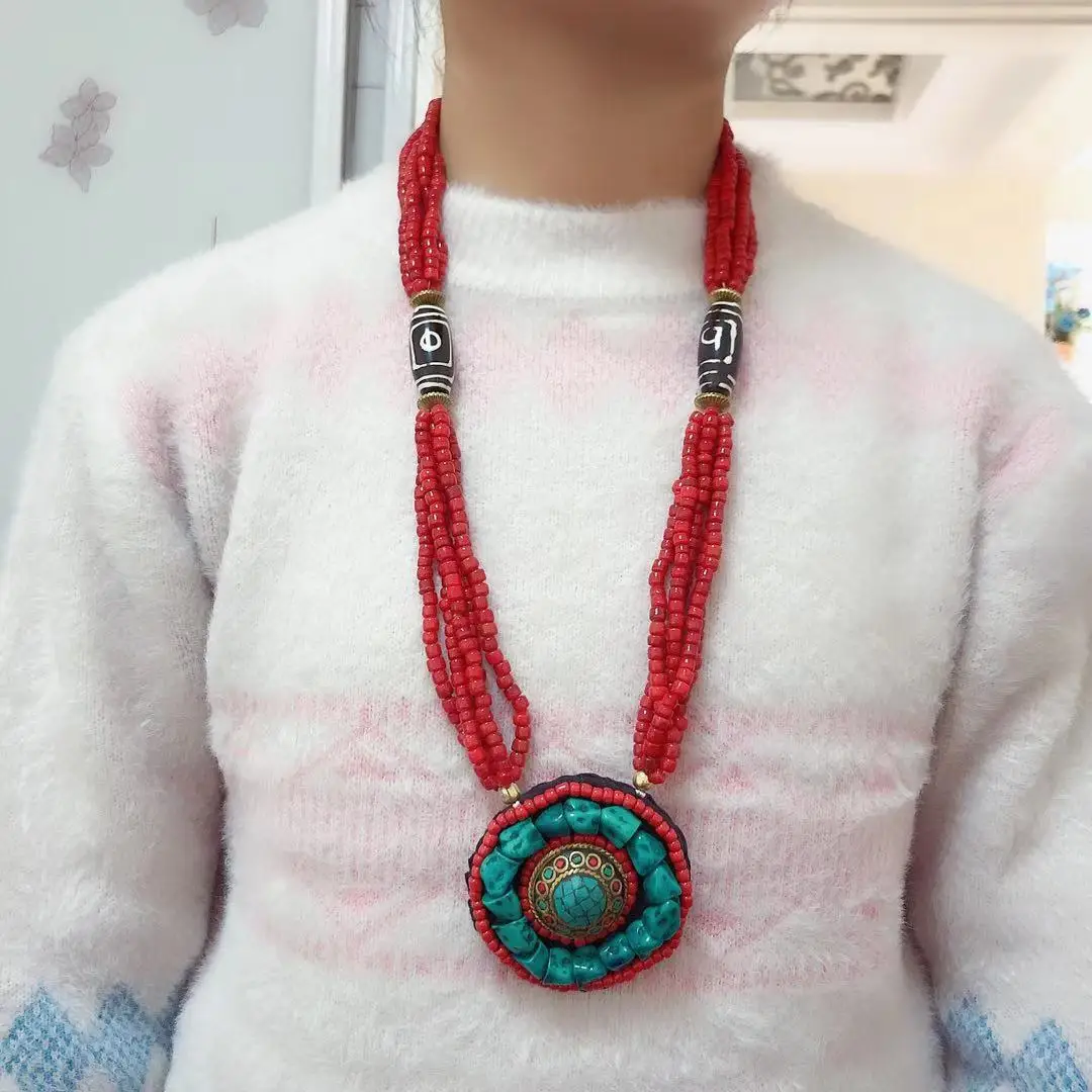 NK238 Ethnic Tibetan  Turquoises Dzi Bead 65mm Big Round Pendant Necklace Tribal Long Necklace