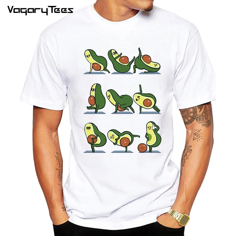 

Newest Design fruits T-Shirt Summer Men's Personality White Avocado Yo ga For A Flat Tummy Print T Shirt Funny Tops Tee Clothes