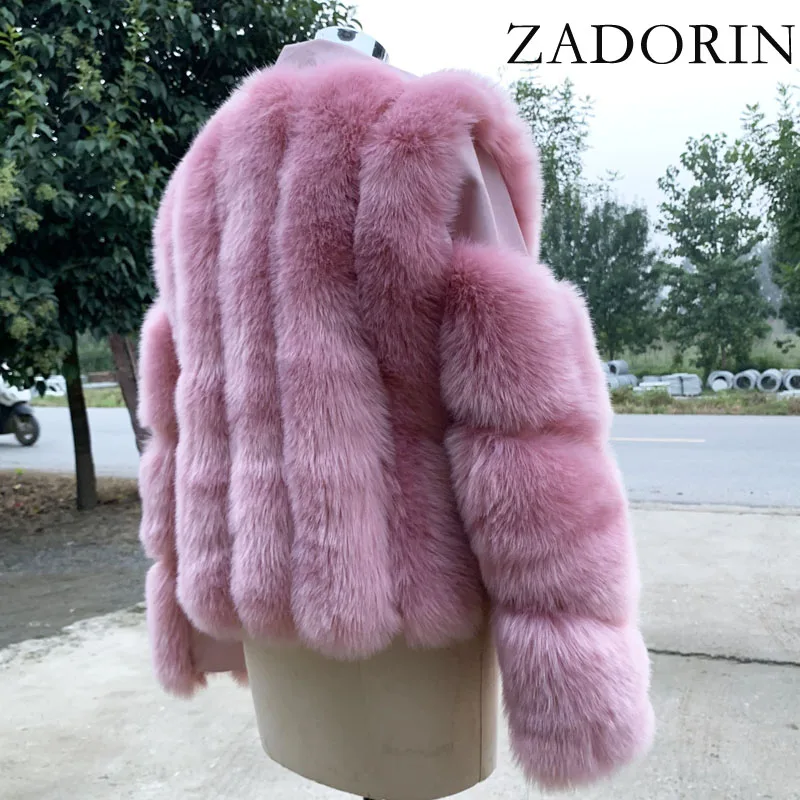 ZADORIN Top Fashion Luxury FAUX Fox Fur Coat Motorcycle PU Leather Turn Down Collar Warm Faux Fur Jacket Women Autumn Winter New