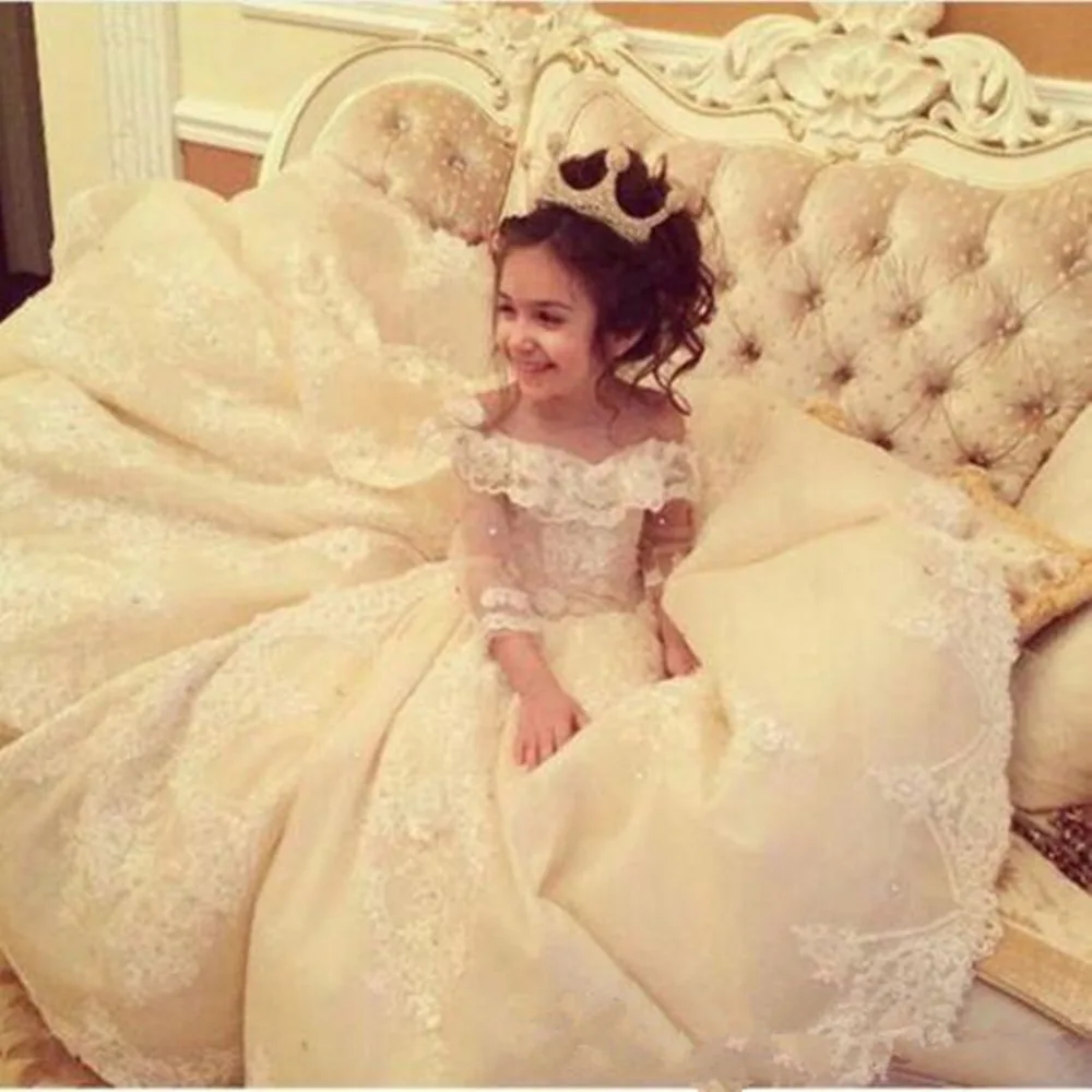 Lace Flower Girl Dresses 2023 Satin Beads wedding Occasion First Communion Dress Toddlers Full Sleeves Princess Pageant Gowns
