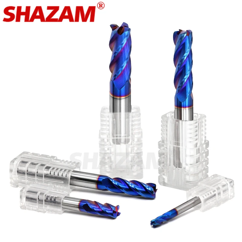 SHAZAM HRC70 Blue Nano Coating Milling Cutter 4-Flute Tungsten Steel Carbide CNC Machine Machining Round Nose Endmills Tools