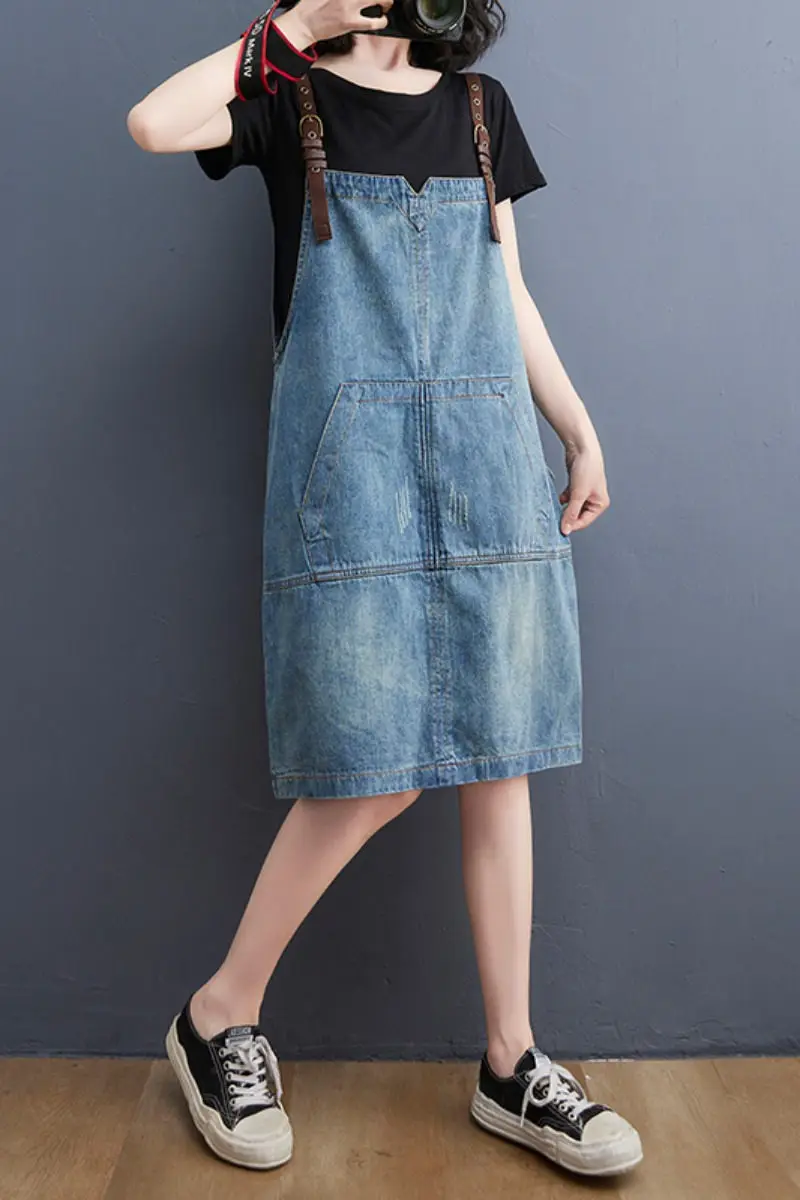 2021 صيف جديد فضفاض كبير الحجم فستان سوسبندر بلا أكمام عادية كل مباراة الدنيم فستان الشمس الإناث الاتجاه خمر zh1476