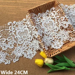 24CM Wide Luxury White Cotton Embroidered Guipure 3D Lace Fabric Applique Wedding Dress Headveil DIY Apparel Sewing Decoration