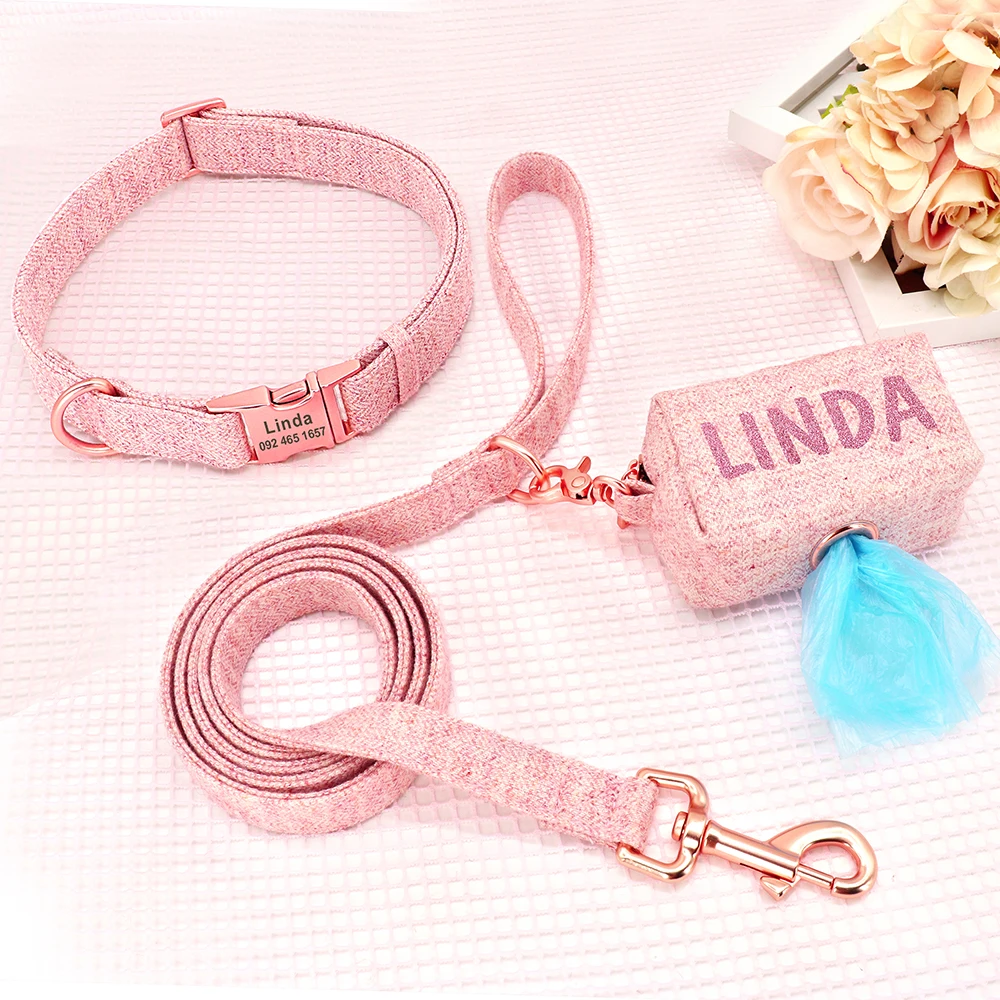 Personalized Dog Collar Leash Set Custom Pet Poop Bag For Small Medium Large Dogs Outdoor Puppy Garbage Bags Pet Supplies Pug