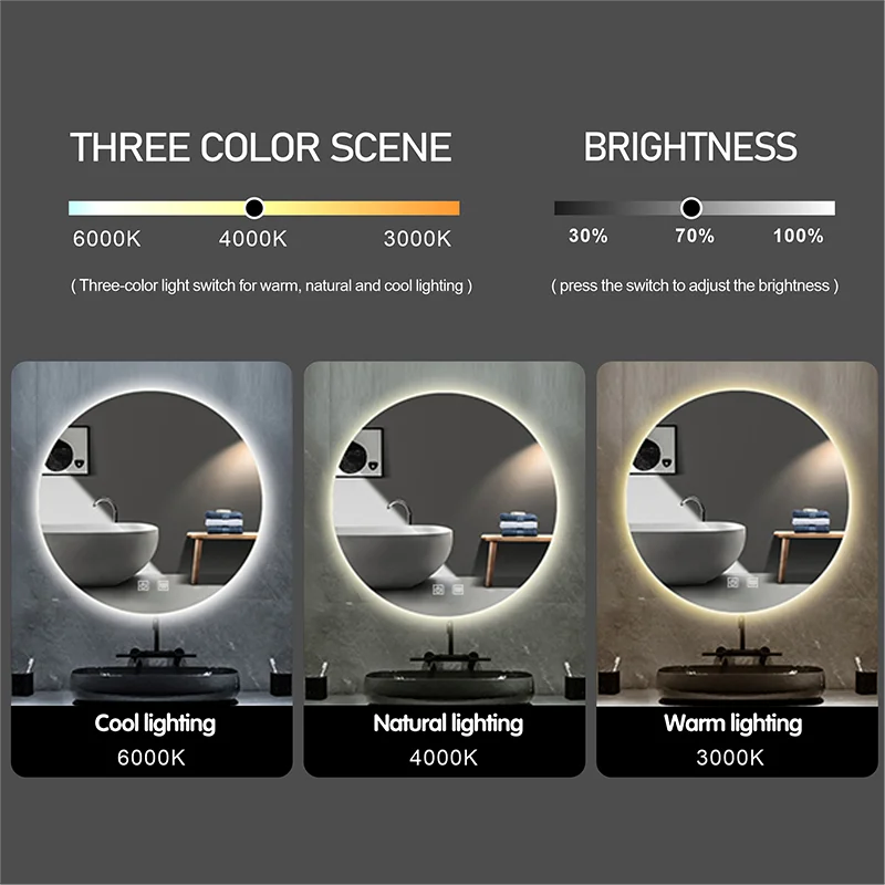 60cm 23.6 Inch Makeup Smart Bathroom Mirror With Led Backlit Light Anti Fog Round Vanity Bathroom Mirror Touch Screen