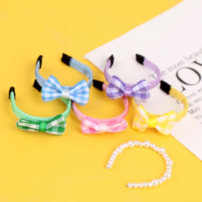 1Pc 1/12 Dollhouse Miniature Headband Doll Hair Accessories Pure Color Lattice Pearl Head Band Doll Decor