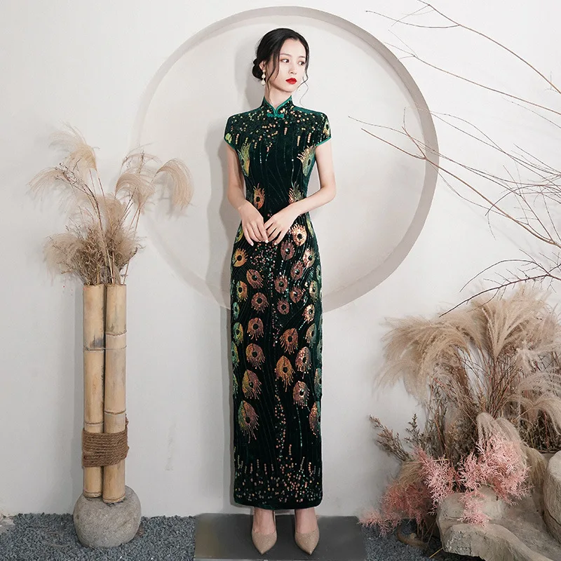 Элегантное женское Ципао с блестками, сексуальное Cheongsam, классическое китайское платье с воротником-стойкой, бархатное платье, размер 5XL, вечерние платья для вечеринок