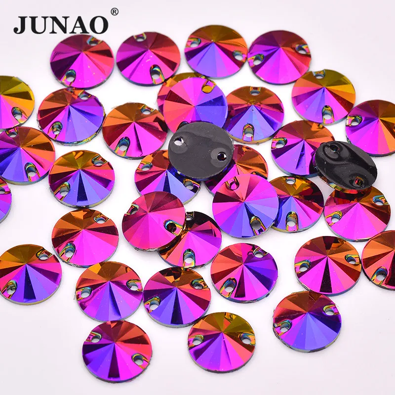 JUNAO 10 12 16 18 22mm Sew Rose AB Round Crystals Flat Back Rhinestone Applique Sewing Rivoli Crystal Stone for Dress Decoration