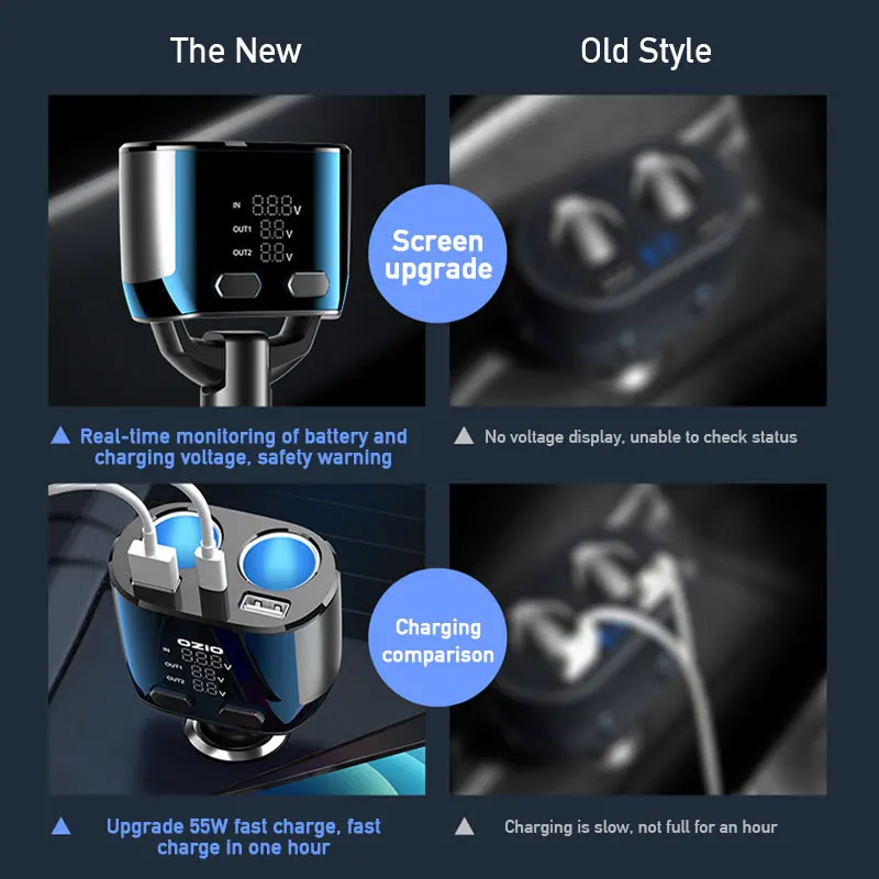 cigarette lighter charger slow Fast Multi-Port PD Car with Built-In Tidy Cables 180 left and right Panel function 65W PD Fast Charger For