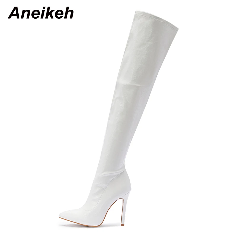 Aneikeh NEW Fashion Striped 11CM Thin Heels Ladies Boots 2024 Spring Sexy Over-the-Knee Side Zipper Slip-On Pointed Toe Shoes