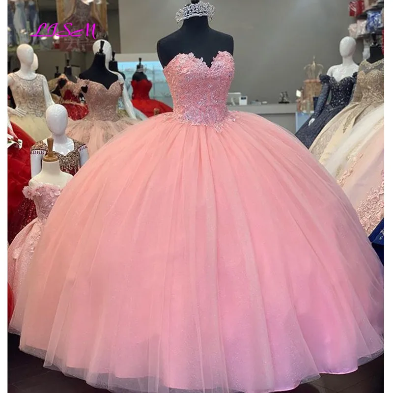 Vestido de baile rosa quinceanera vestido adorável querida renda apliques frisado baile de formatura vestidos de festa para meninas 15 anos