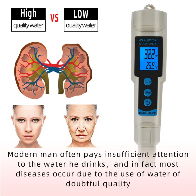 3 in 1 ORP TEMP pH Meters Waterproof ORP Meter PH Tester Redox Potential Testers Water Quality Measure Tool Water Detector 50%