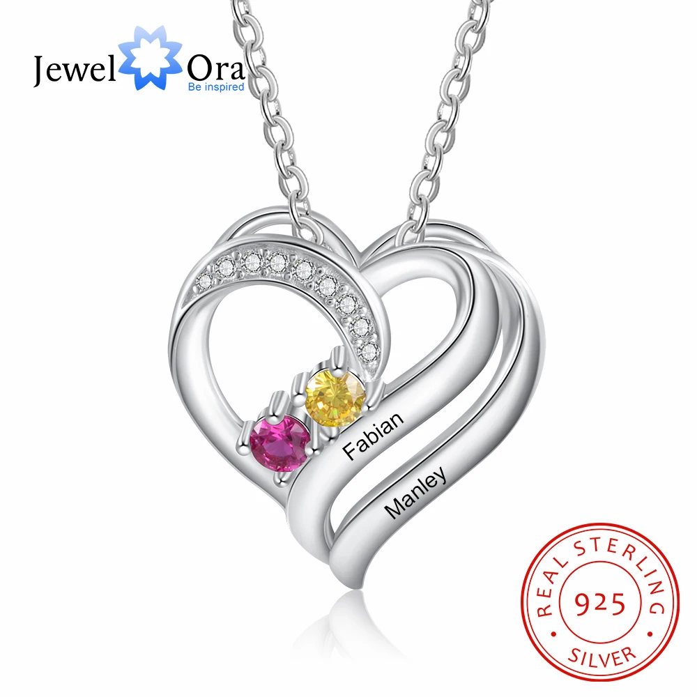 JewelOra 925 Sterling Silver Personalized Engraving Name Heart Pendant Customized Mothers Necklace with 2 Birthstones Fine Gifts