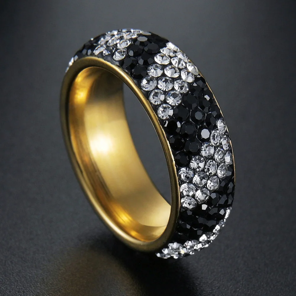 Charm Stainless Steel CZ Eternity Band Ring Black Crsytal Couple Rings Promise Men Women Engagement Wedding Jewelry Size 7-11