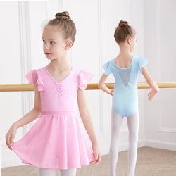 Girls Kids Ballet Leotards Pink Blue Bodysuit Gymnastics Leotards Toddler Dance Dress Soft Dance wear Suit with Chiffon Skirts