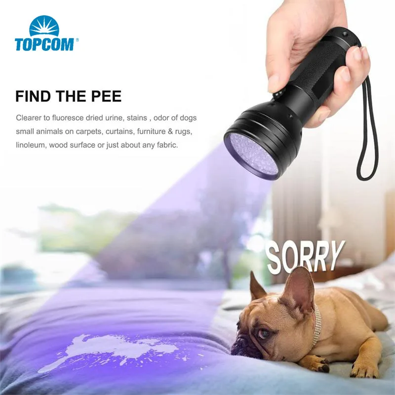 

Topcom 395nm 51 LED UV Flashlight Portable 3W 100 LED UV Light Ultraviolet Lantern Torch For Catch Scorpion Pet Urine Detect