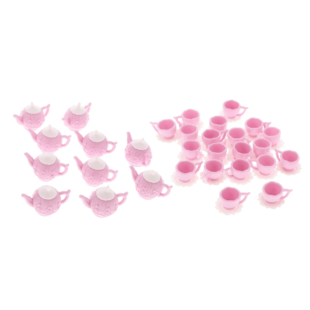 10 Sets Dollhouse Miniature Tableware Accs Plastic Pink Tea Pot with Cups