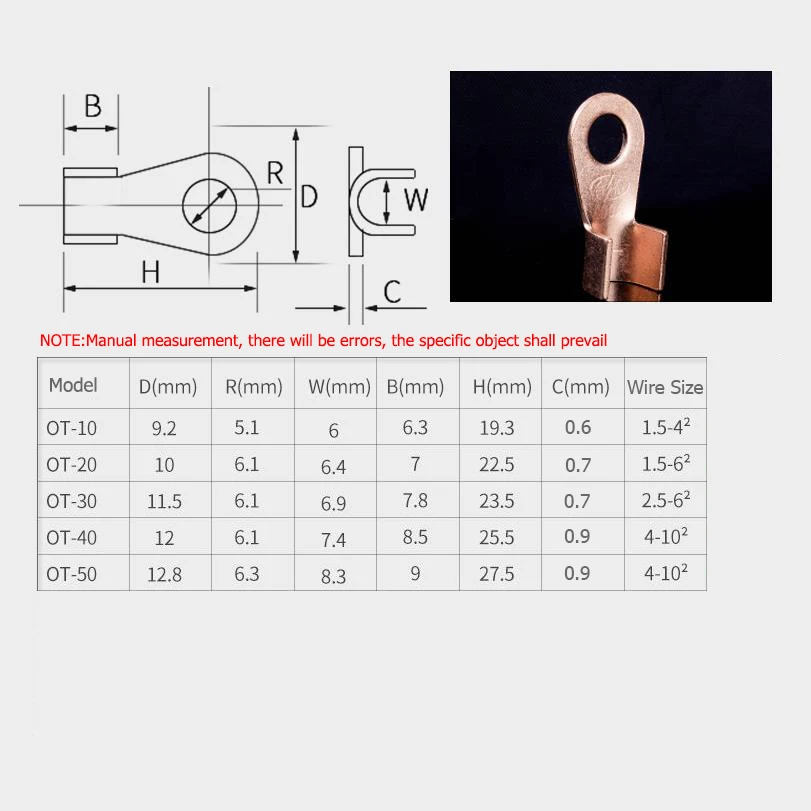 70PCS Battery Cable  Copper Open Barrel Ring Lug Terminals Connectors Assortment Kit Wire Crimp Connector OT 10A 20A 30A 40A 50A